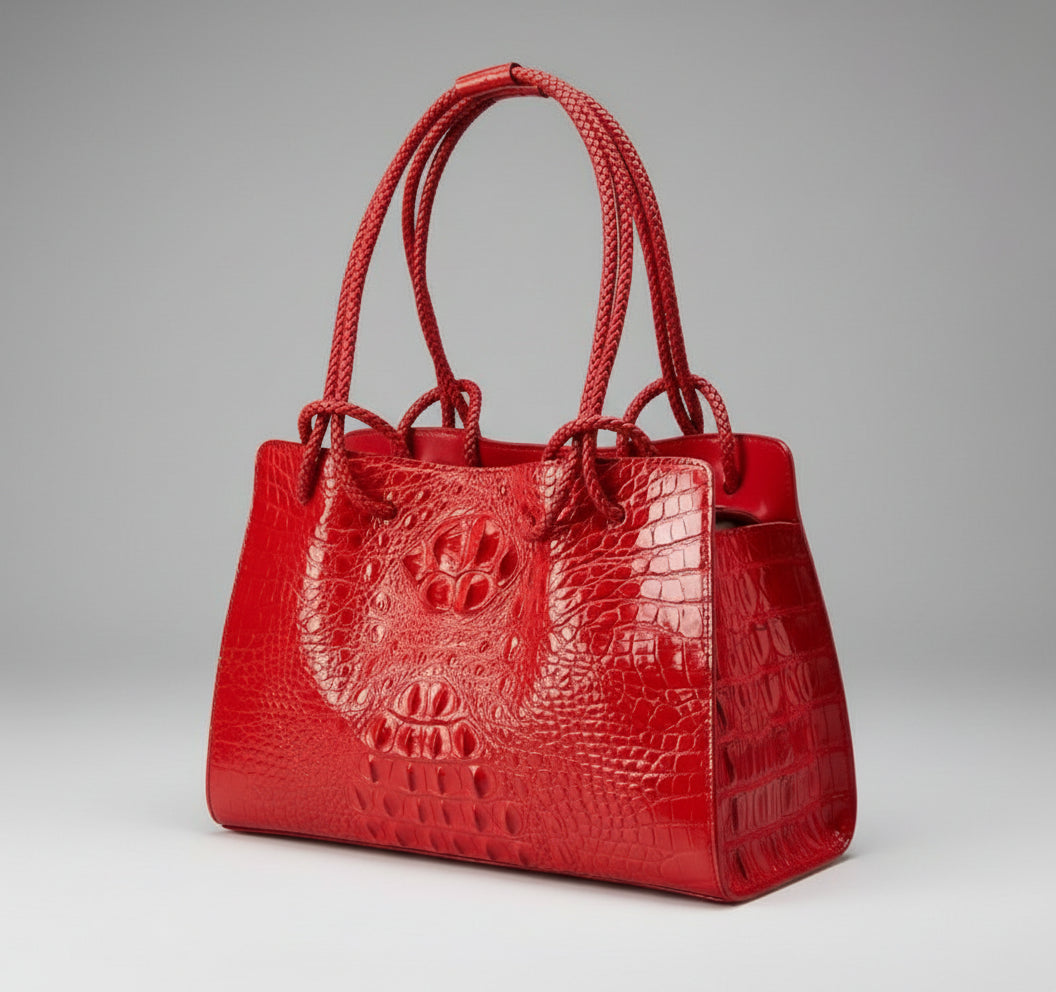 Red crocodile-patterned handbag on a black background