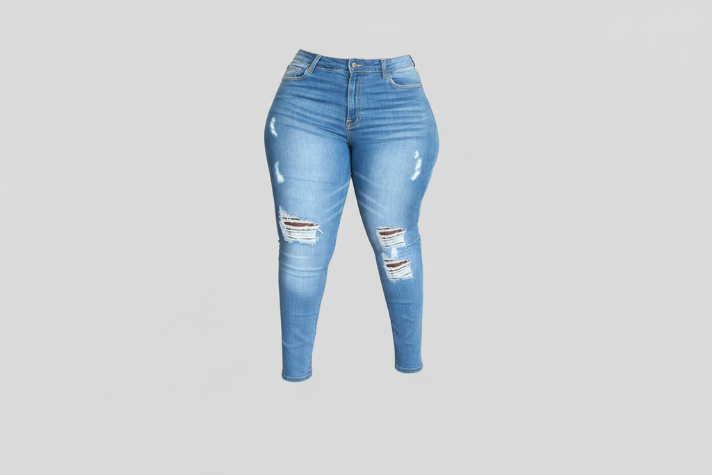 High Waist Ripped Denim Jeans - Distressed Slim Fit Pants for Women