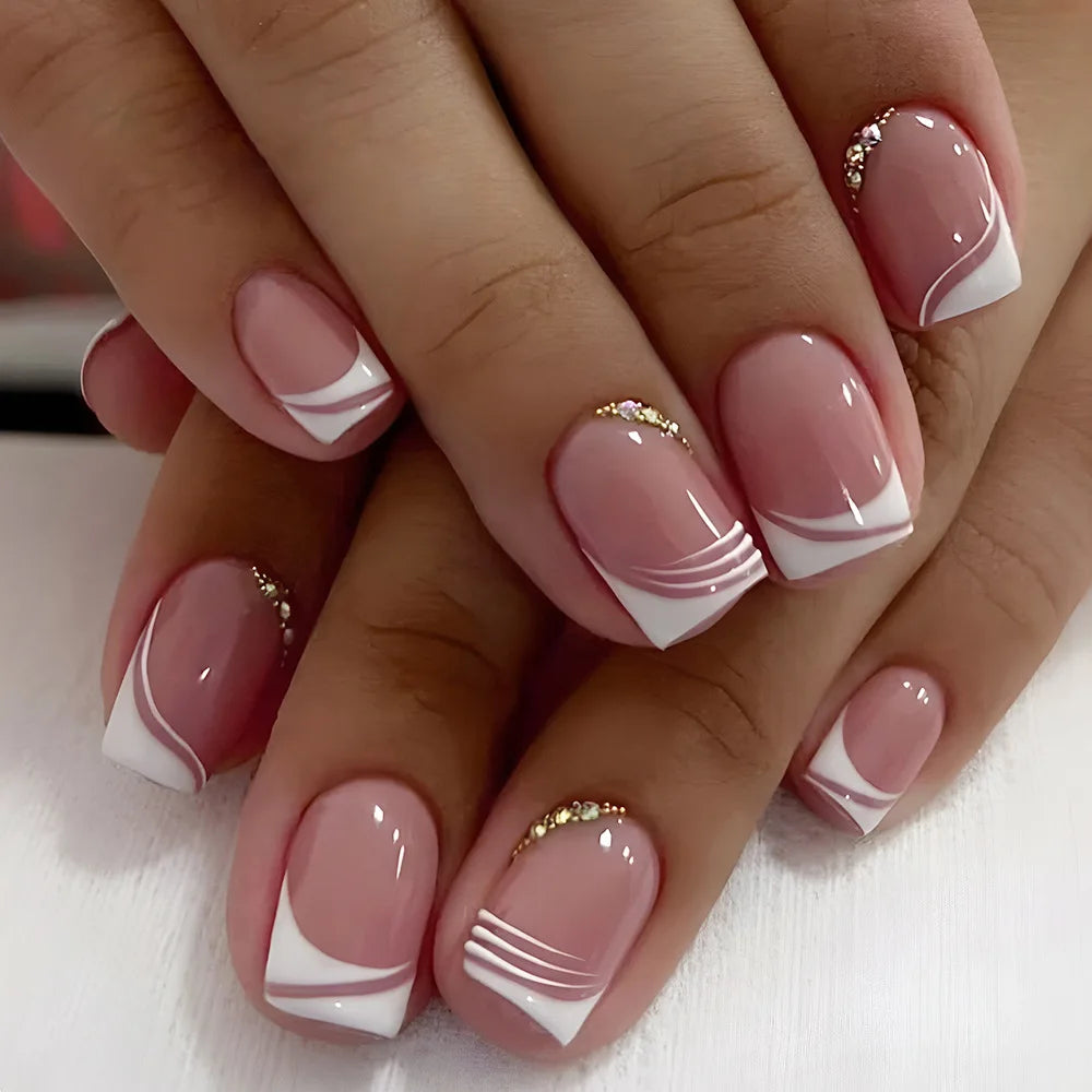 Square Head French Tips Pink White Gradient Press On Nails
