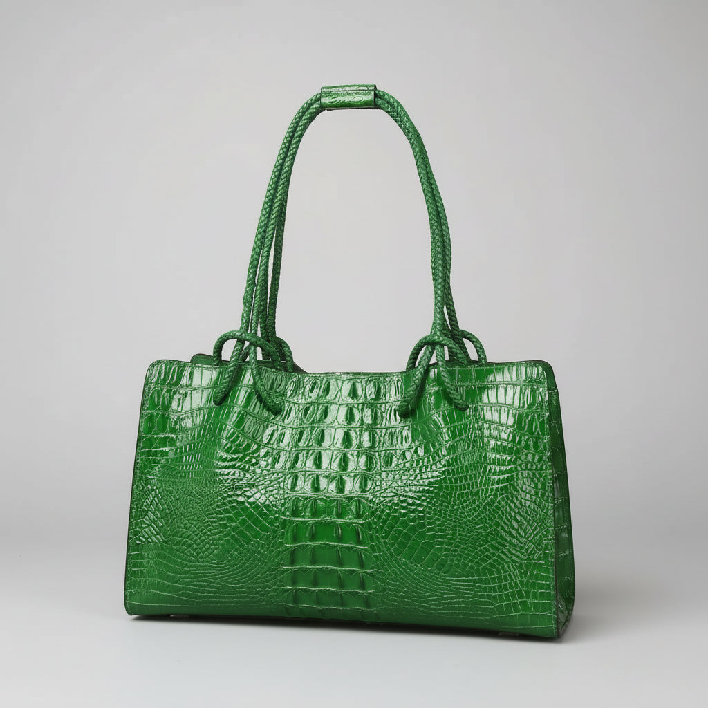 Green textured handbag on a wooden surface with books in the background