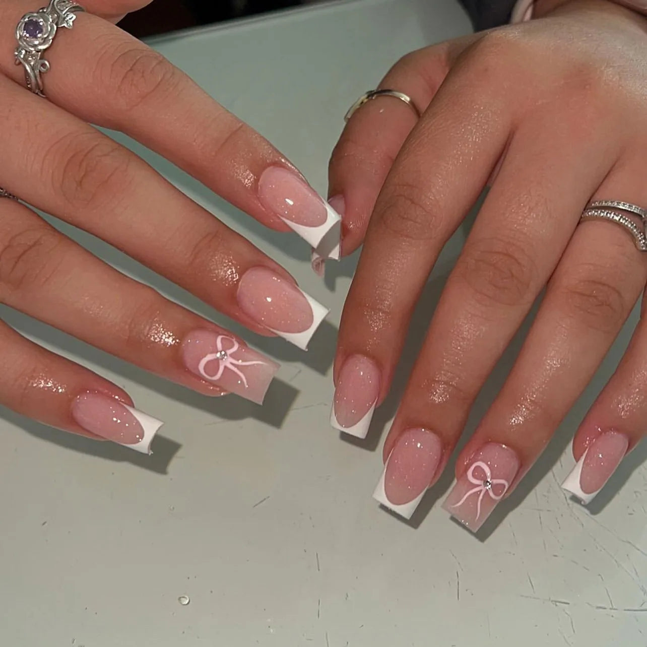 Square Head Press On Nails - Pink White Gradient French Style with Jelly Glue