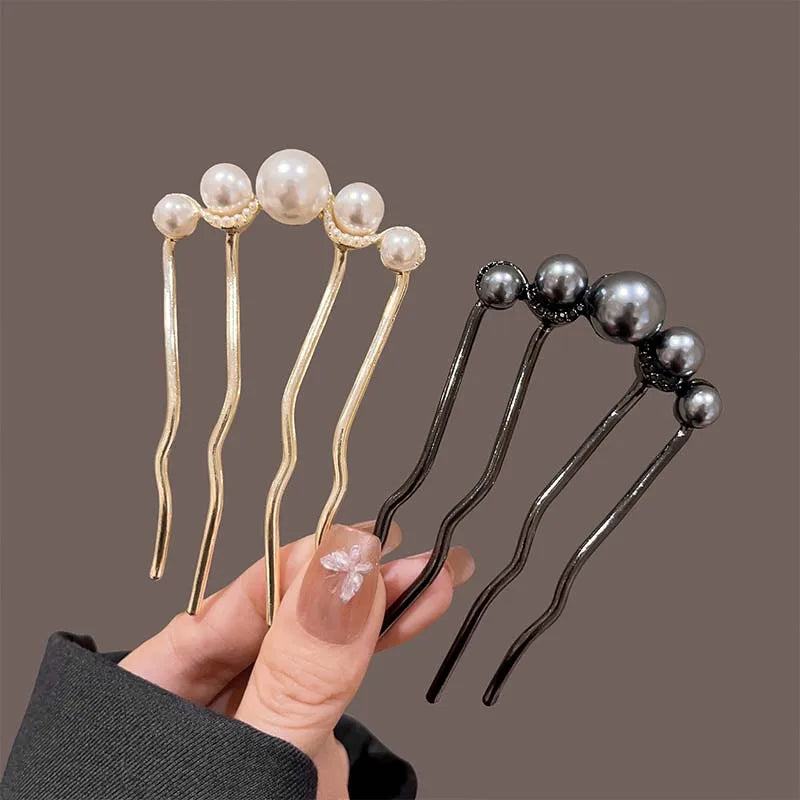U-Shaped Pearl Hairpins - Korean Style Metal Hair Forks for Women