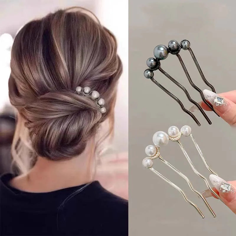 U-Shaped Pearl Hairpins - Korean Style Metal Hair Forks for Women