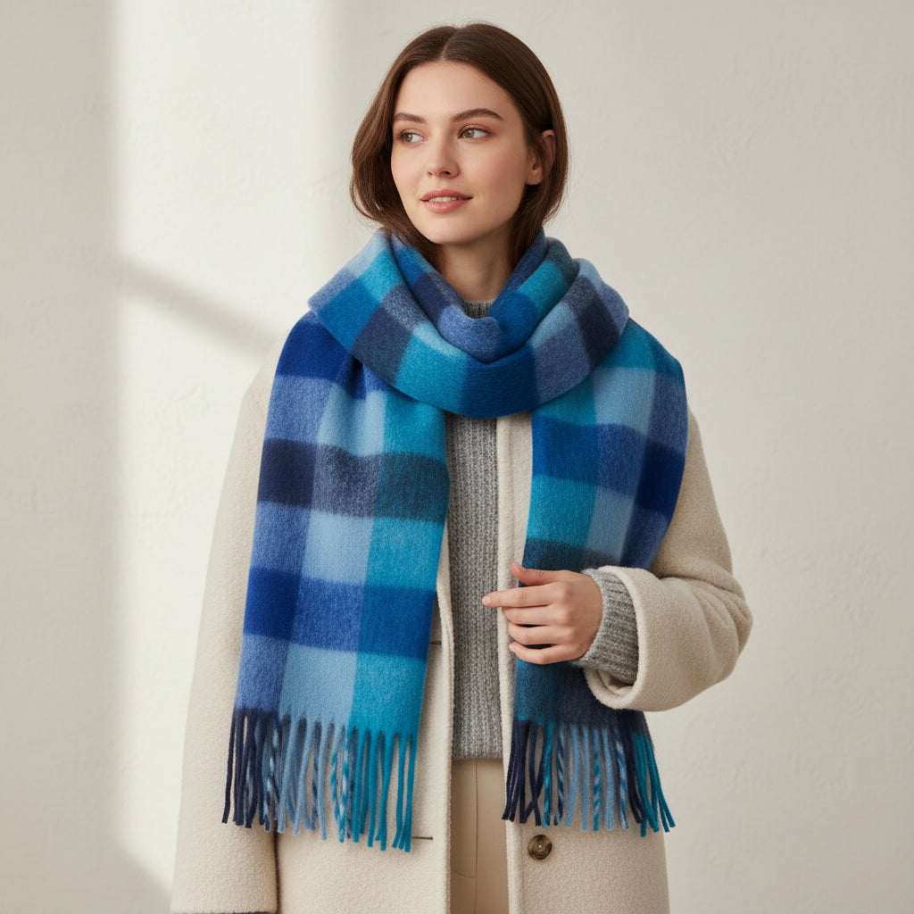 Blue checkered scarf with fringes on a white background