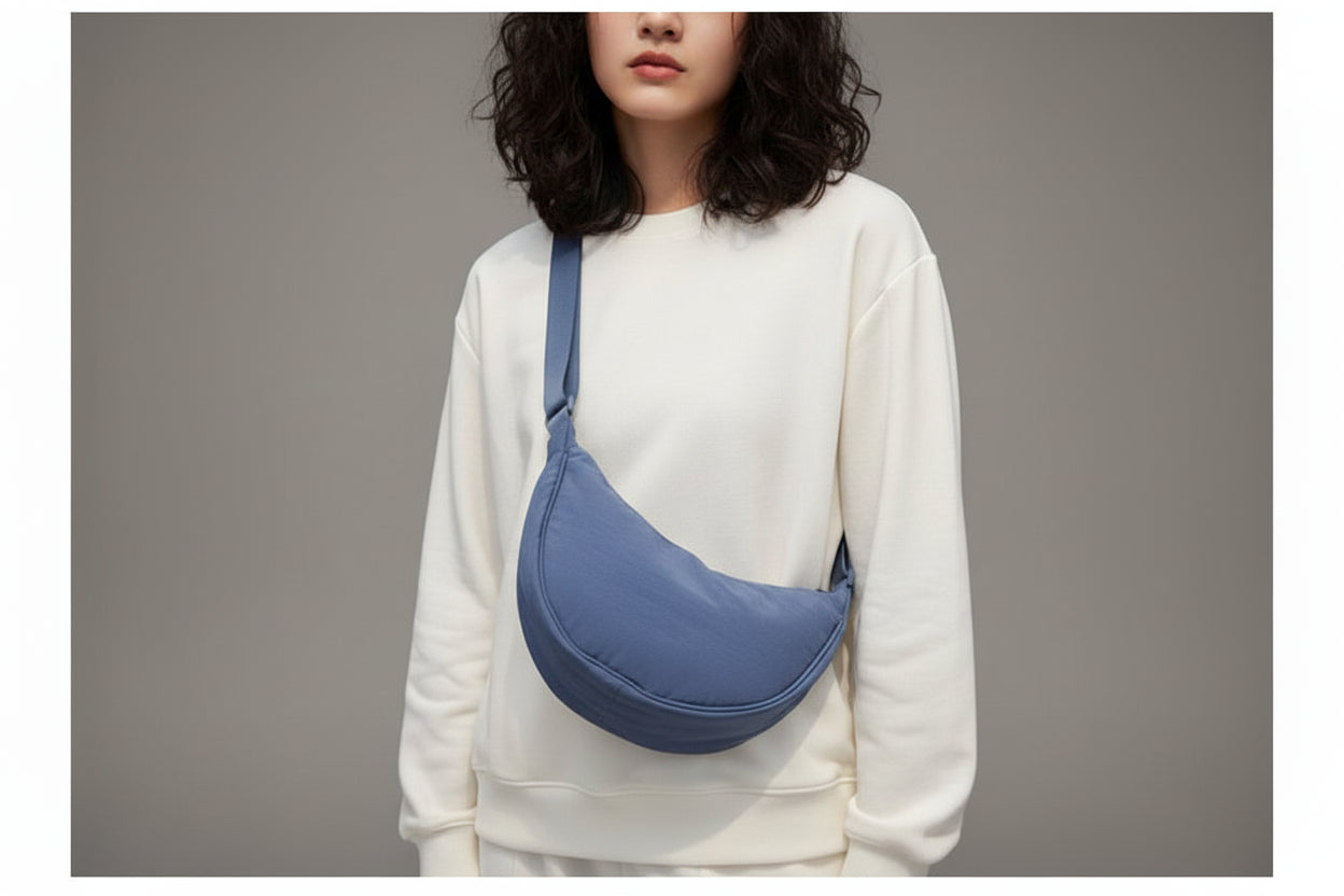 Nylon Hobo Crossbody Bag - Half Moon Shoulder Bag for Women