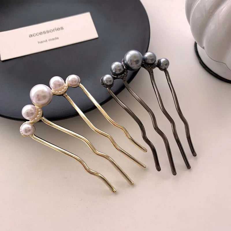 U-Shaped Pearl Hairpins - Korean Style Metal Hair Forks for Women