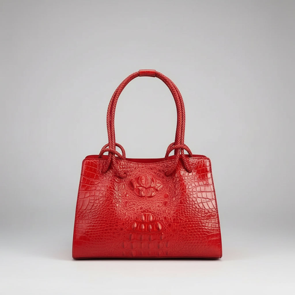 Red textured handbag with a decorative emblem on a red background