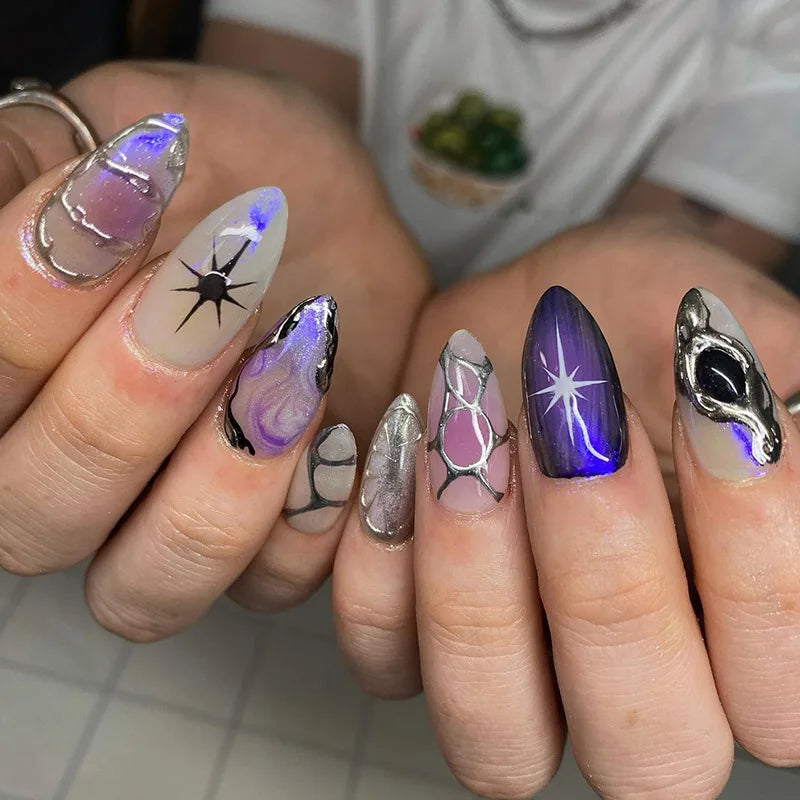 Star Press On Nails - Gradient Blue French Style with Gold Moon Designs