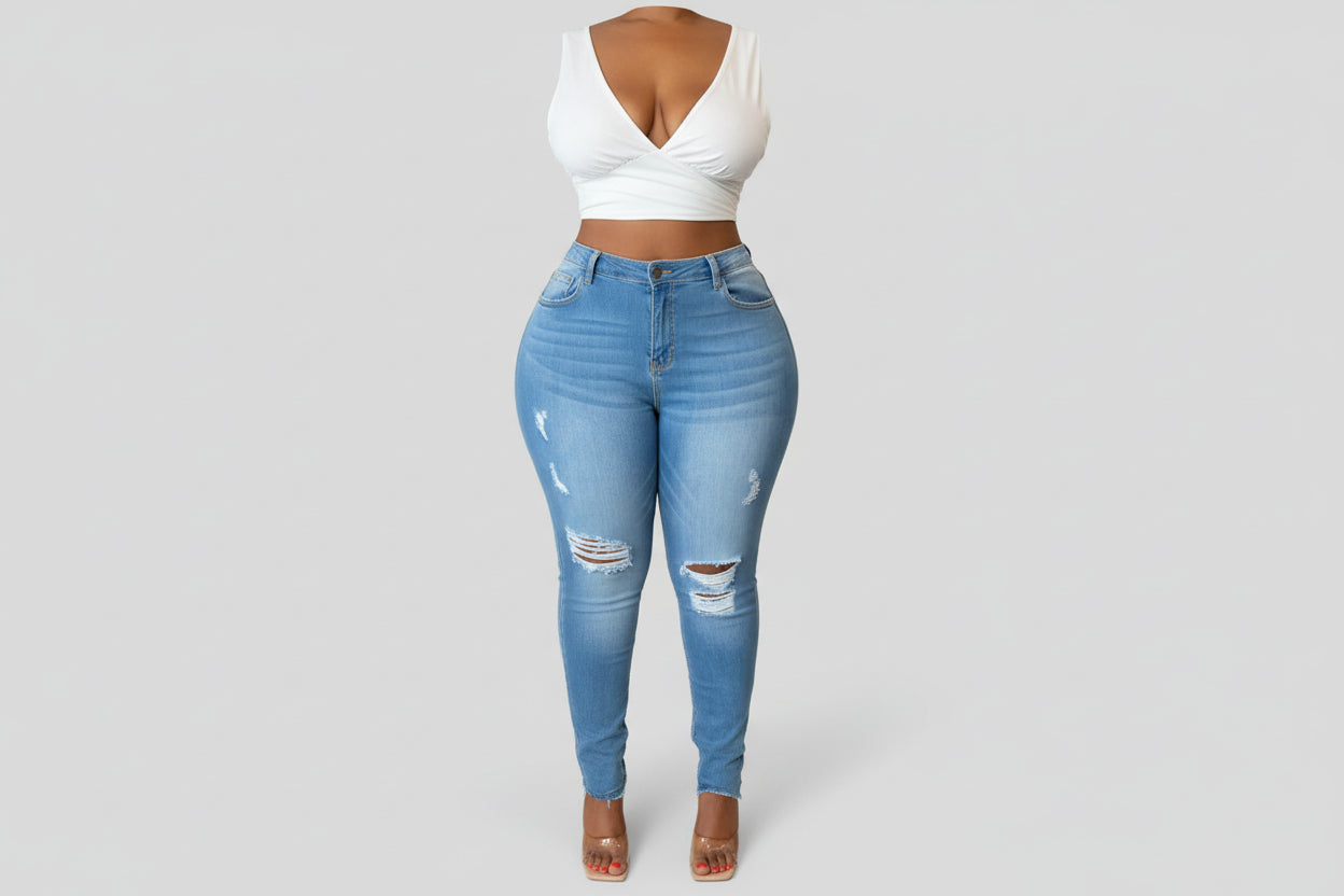 High Waist Ripped Denim Jeans - Distressed Slim Fit Pants for Women