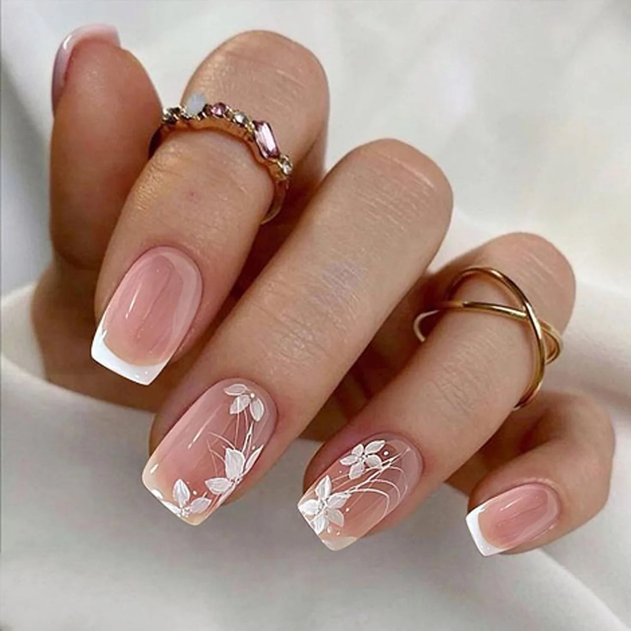 Square Head French Tips Pink White Gradient Press On Nails
