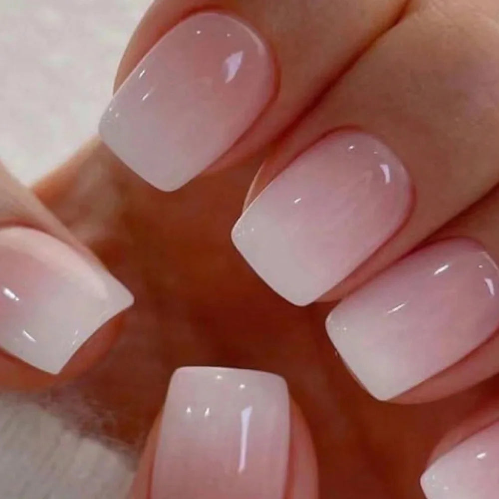 Square Head Press On Nails - Pink Milky White Gradient French Style