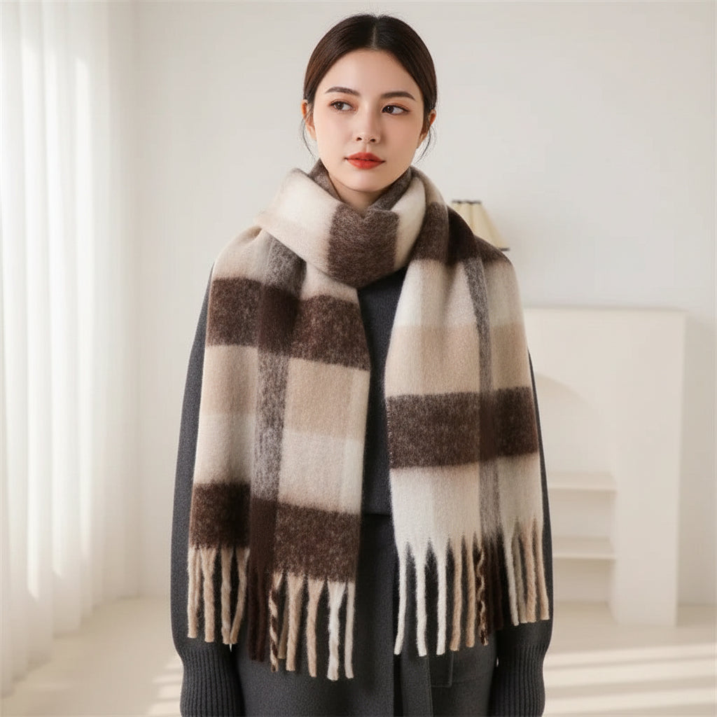 Plaid scarf draped over a mannequin against a neutral background