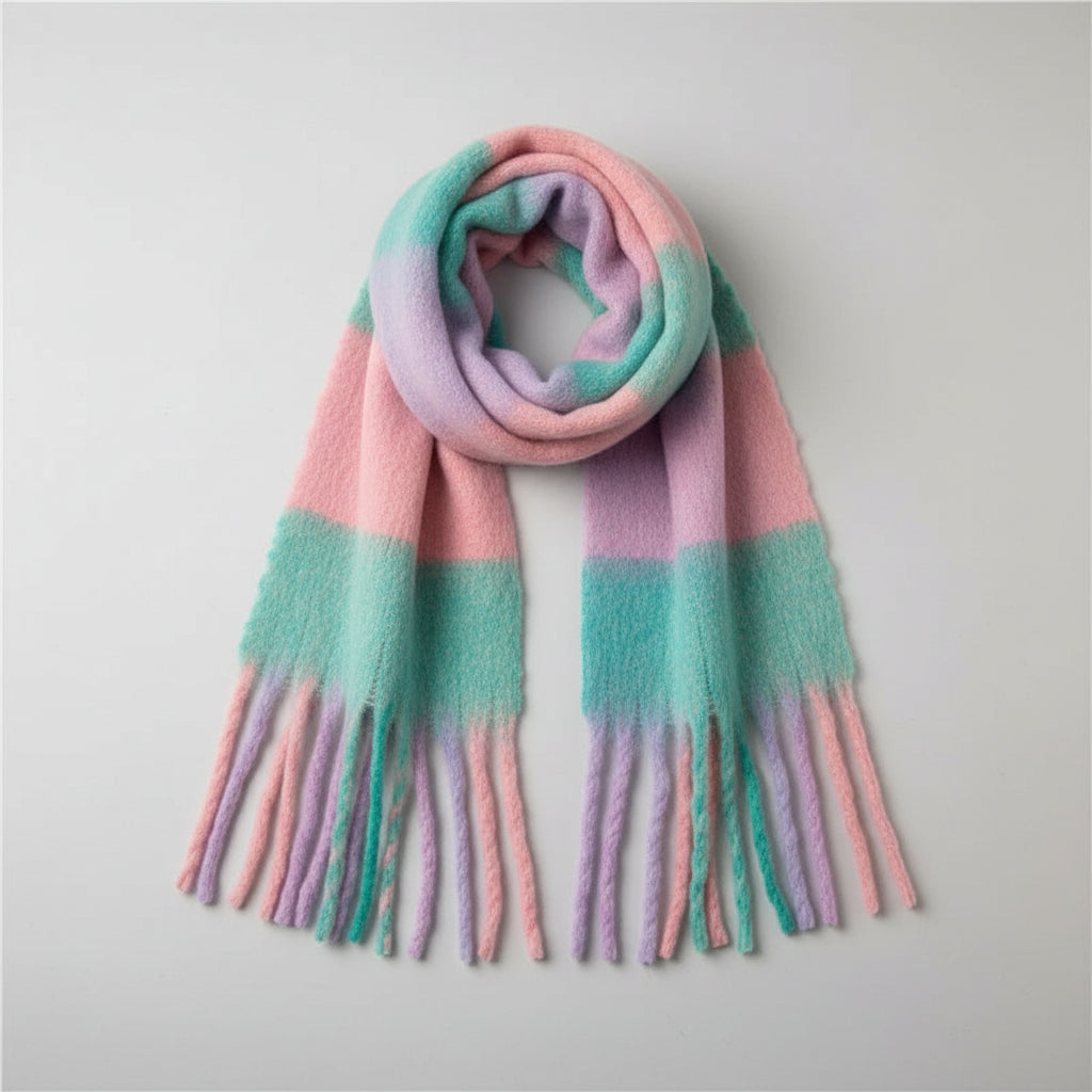 Person wearing a colorful scarf with a blurred background