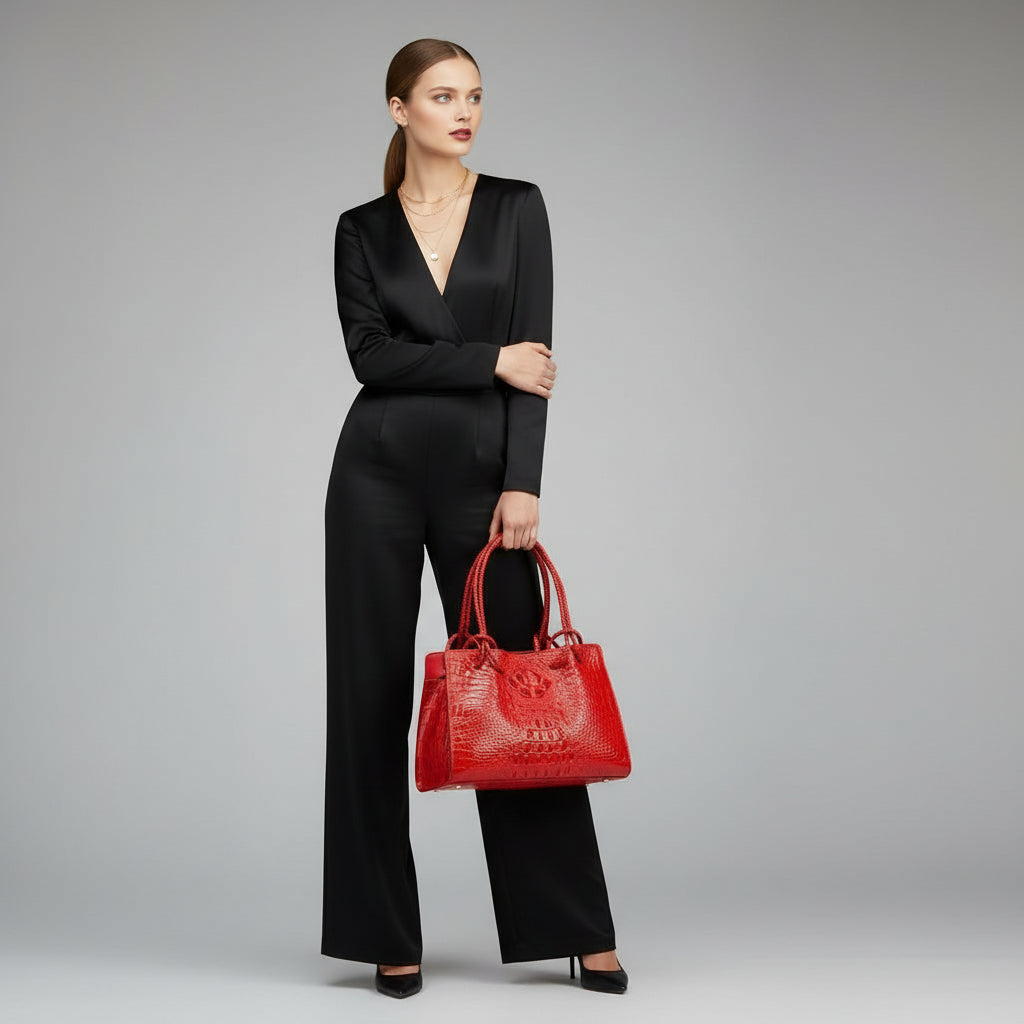 Red textured handbag on a red background