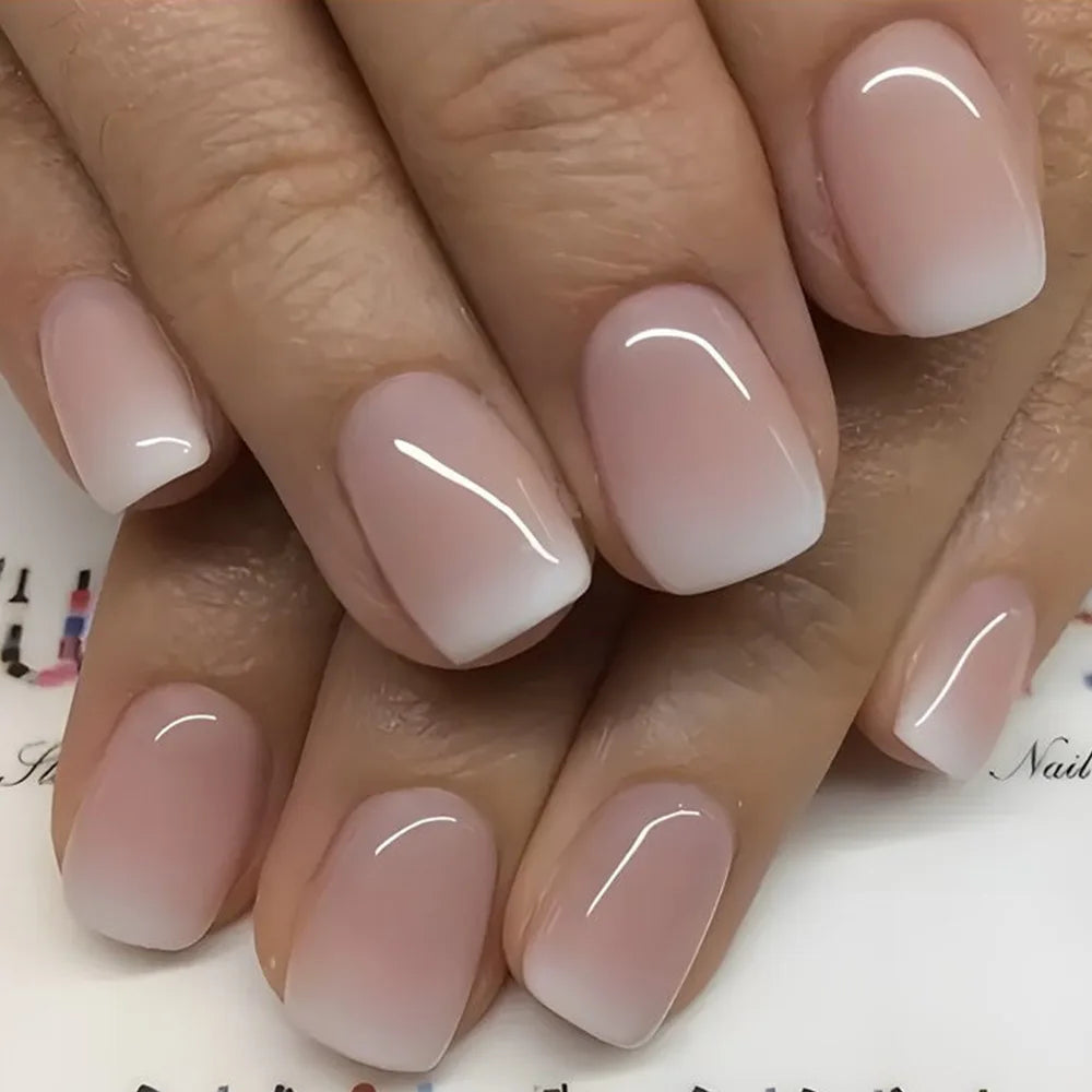 Square Head Press On Nails - Pink White Gradient French Style with Jelly Glue