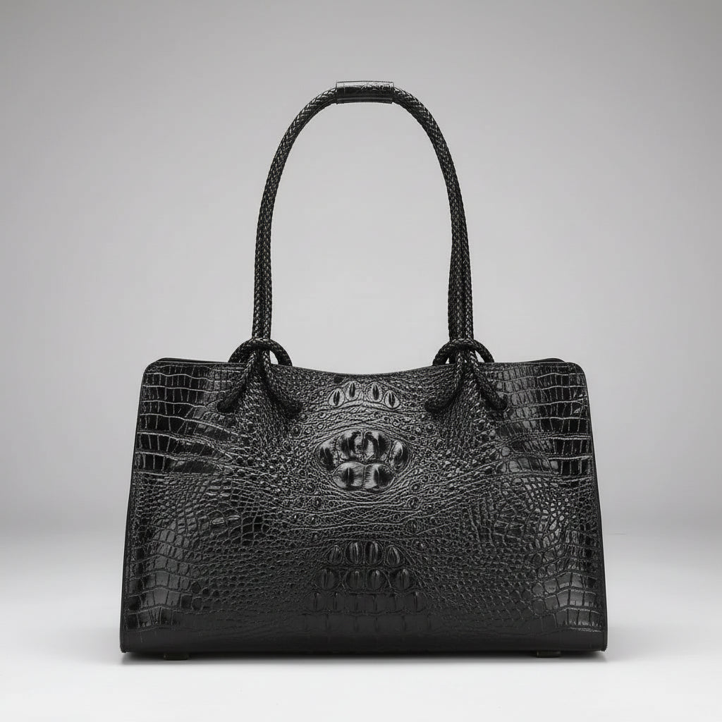 Black crocodile-patterned handbag on a wooden surface with books in the background