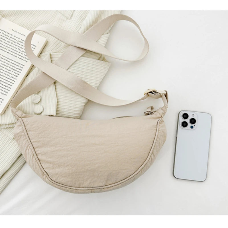 Nylon Hobo Crossbody Bag - Half Moon Shoulder Bag for Women