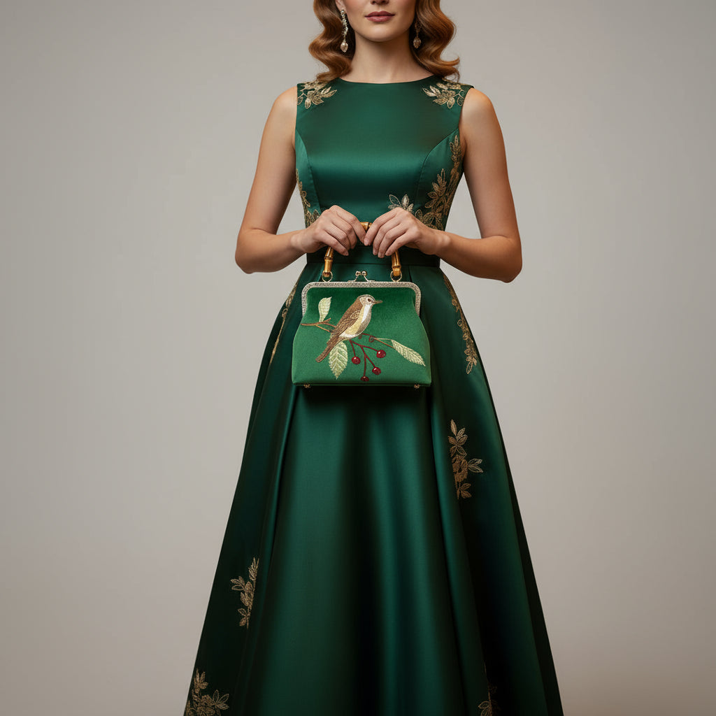Green handbag with bird design on a table in a formal setting