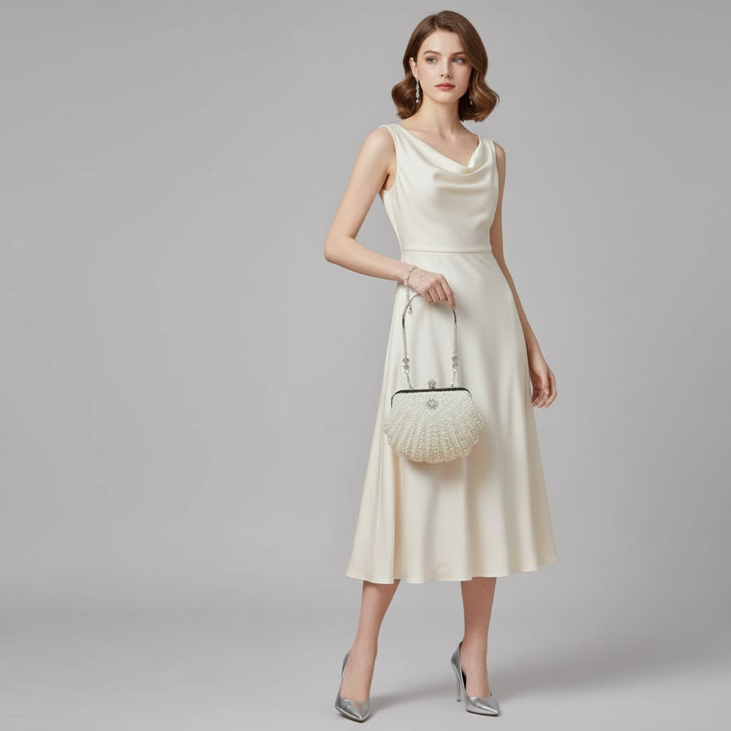 Pearl-handled clutch bag held by a hand against a blurred background