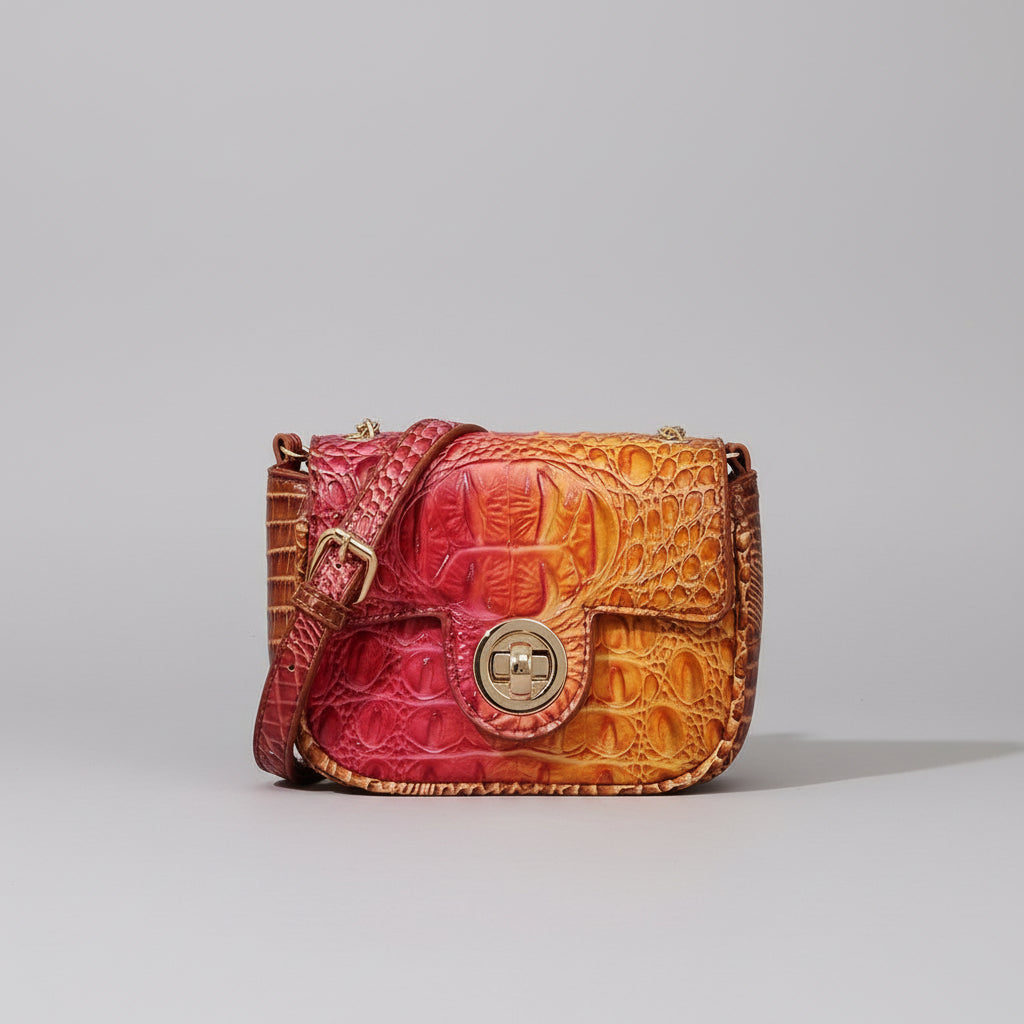 Multicolored textured handbag on a wooden surface with a dark background