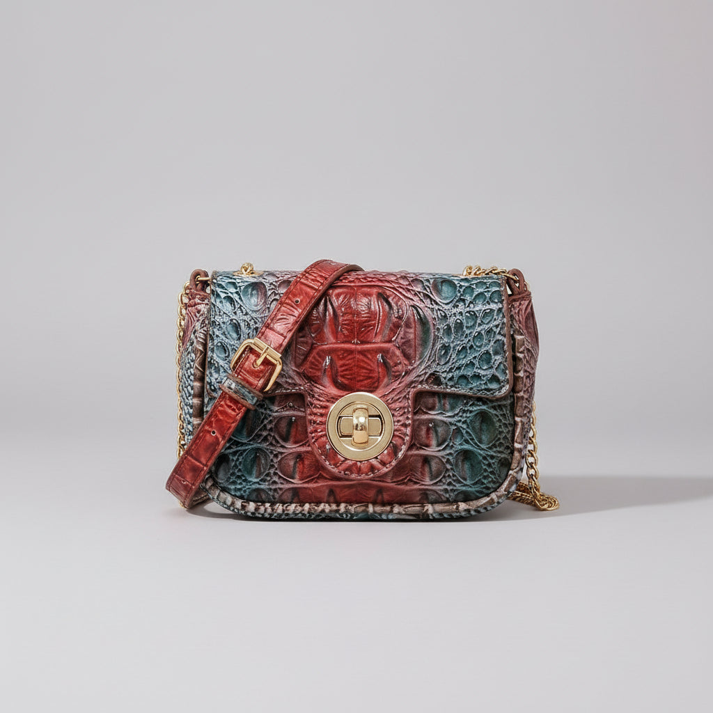 Multicolored textured handbag on a wooden surface with a dark background