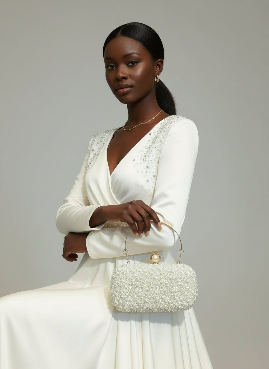 Pearl-handled clutch bag held by a hand with red nail polish against a neutral background