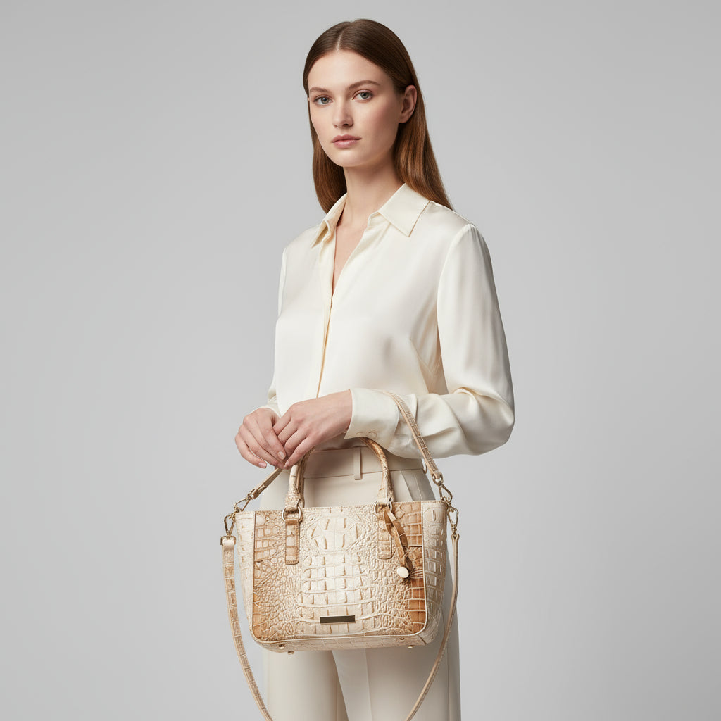 Beige handbag with crocodile texture on a dark background