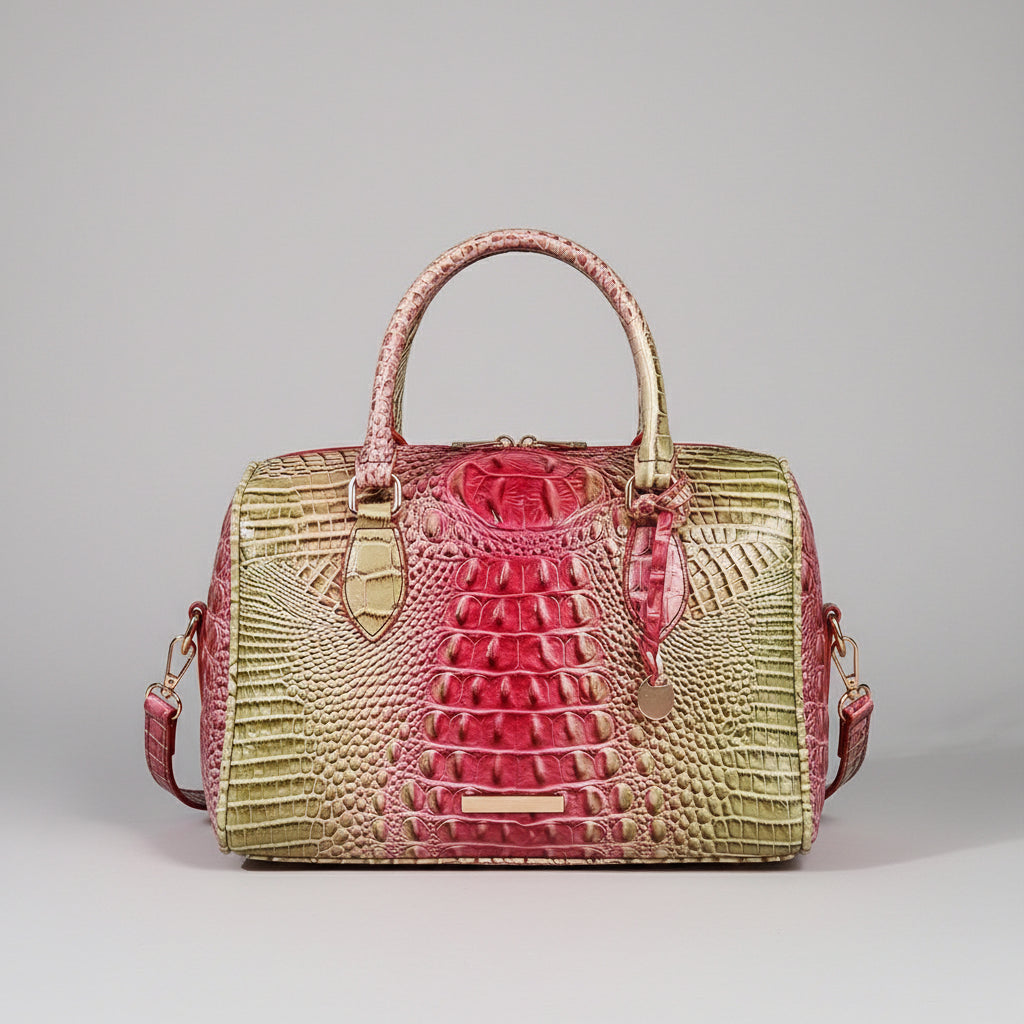 Multicolored textured handbag on a dark background with a close-up of a random pattern in the corner.