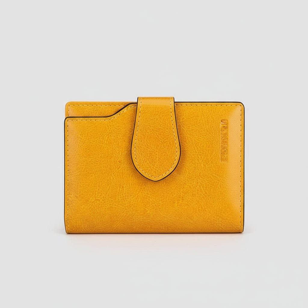 Yellow wallet with a close-up inset showing its interior on a beige background