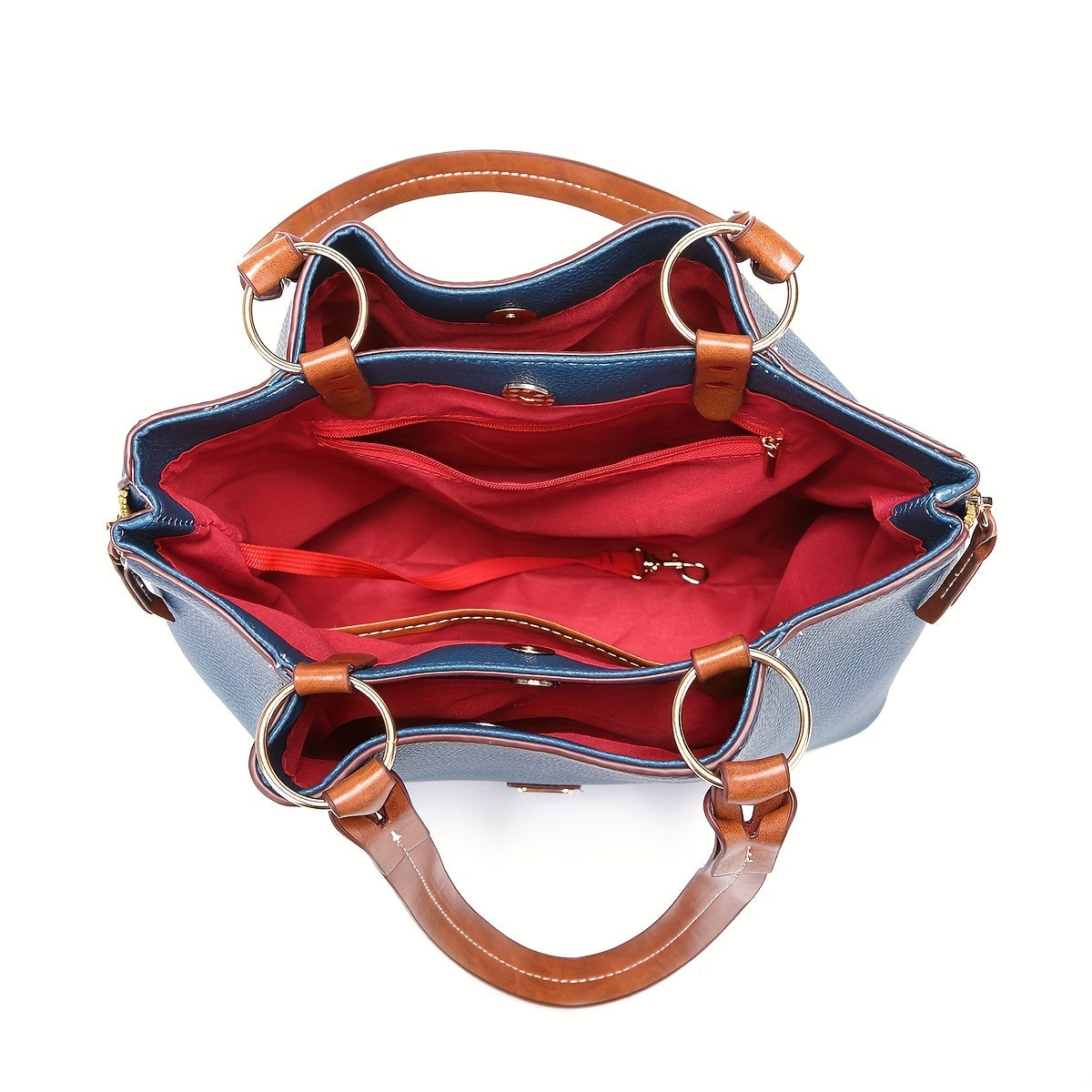 Open handbag with red interior on a white background