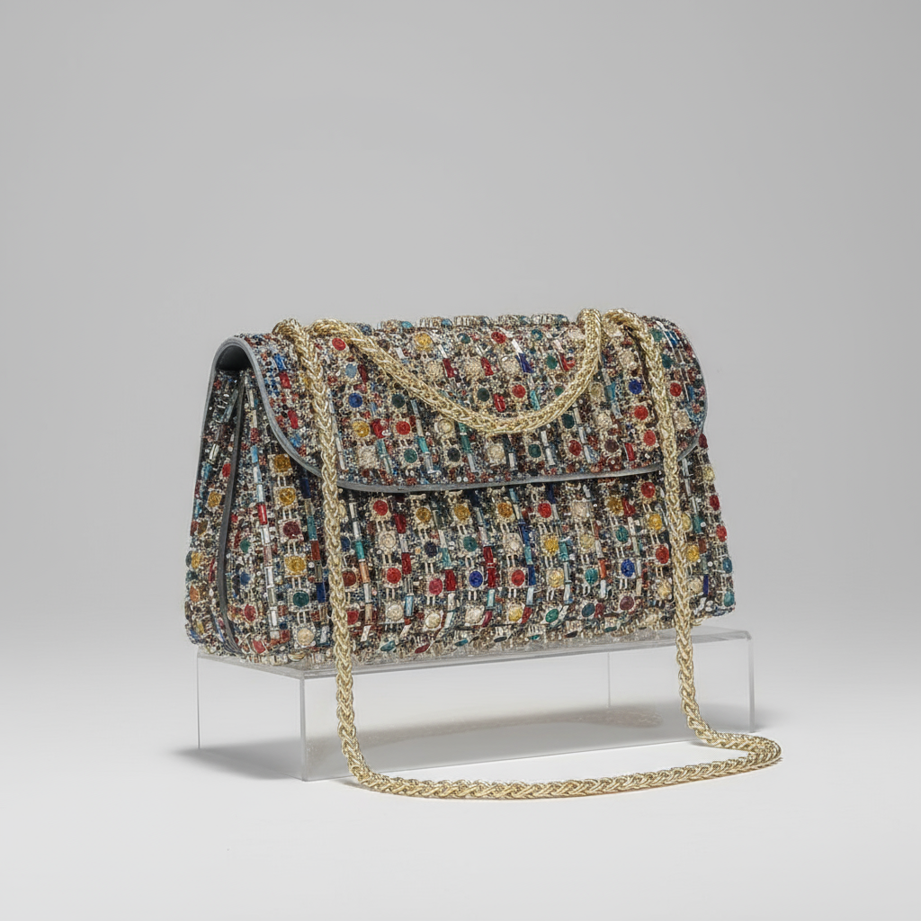 Hand holding a colorful jeweled handbag with a gold chain strap against a neutral background