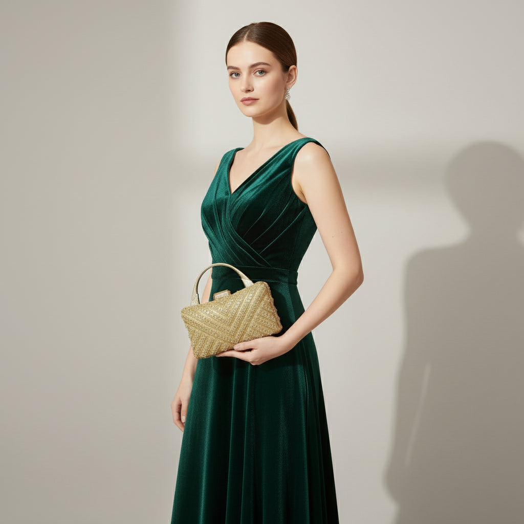 Gold glittery handbag held by a hand against a light background