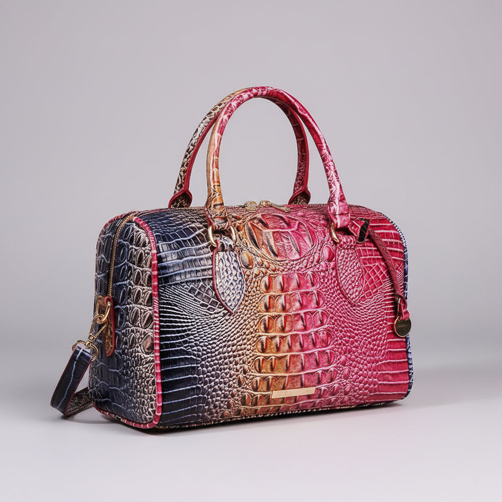Multicolored textured handbag on a dark background