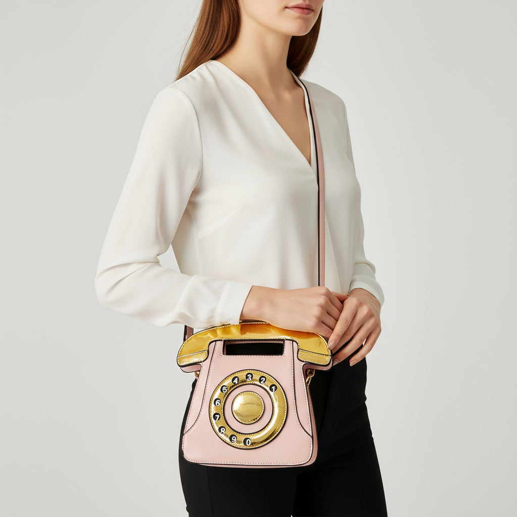 Person holding a pink and gold handbag shaped like a vintage phone on a plain background