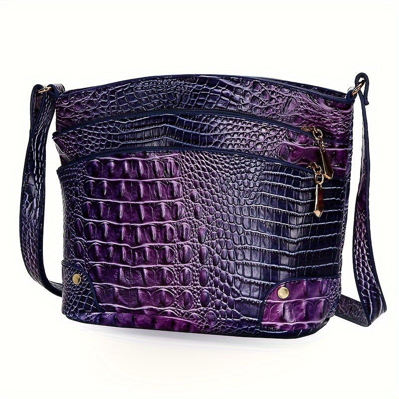 Purple crocodile-patterned handbag on a white background