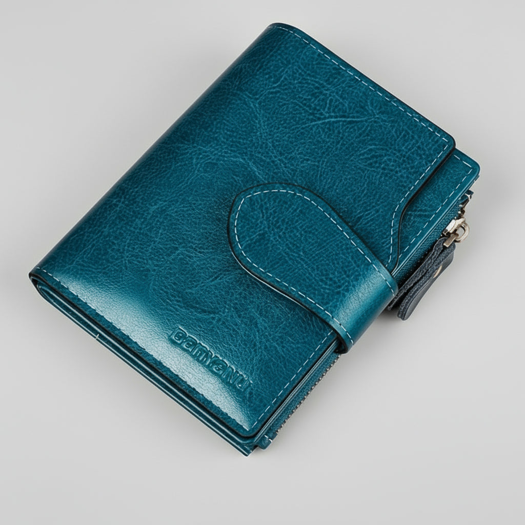 Blue wallet with card slots on a beige background
