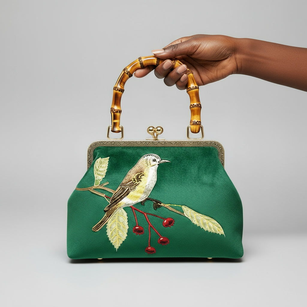 Green handbag with bird embroidery held by a hand against a decorative background