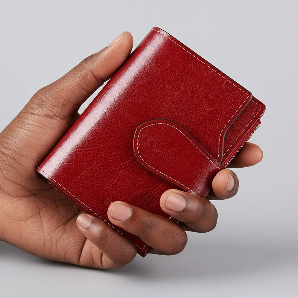 Red leather wallet held by a hand on a beige background