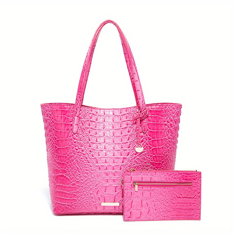 Crocodile Pattern Tote Bag Set with Clutch - 2-Piece Handbag for Women