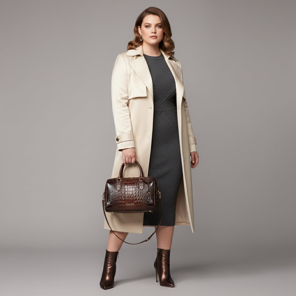 Brown crocodile-patterned handbag on a dark background