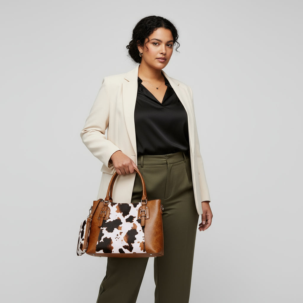 Brown and white cow print handbag on a wooden surface with a blurred background