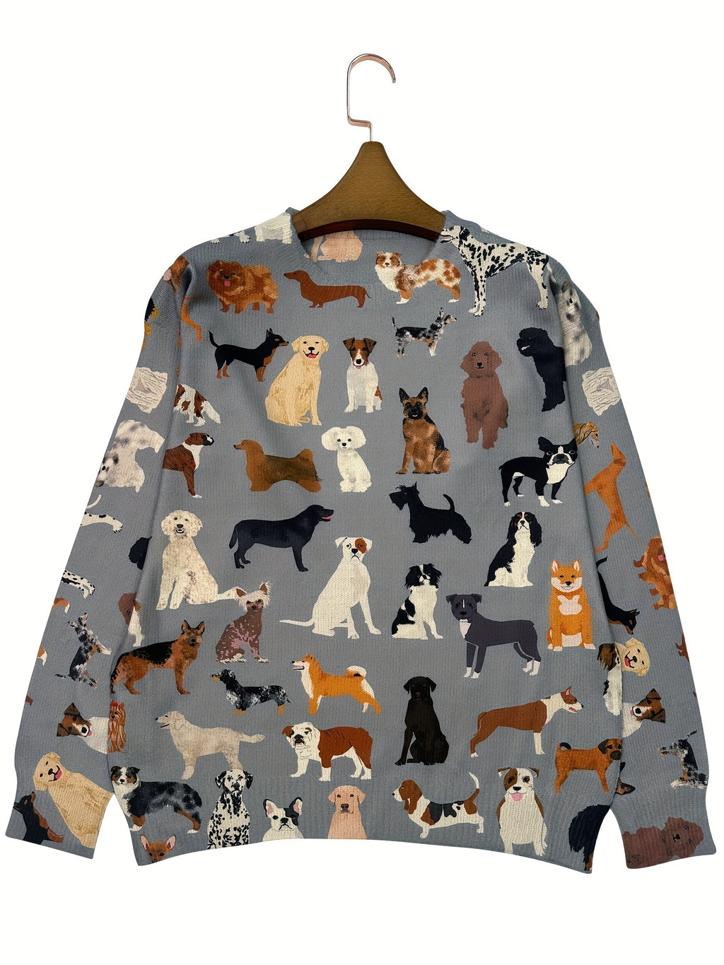 Lightweight Women'S Sweater with a Round Neck And Long Sleeves, Featuring an All-Over Print of a Group of Dogs in a Stylish And Casual Design.