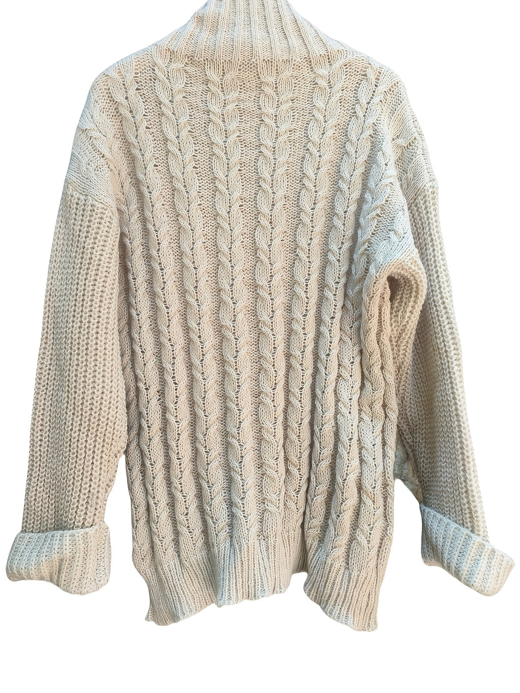 Knitted cardigan with cable pattern on a white background