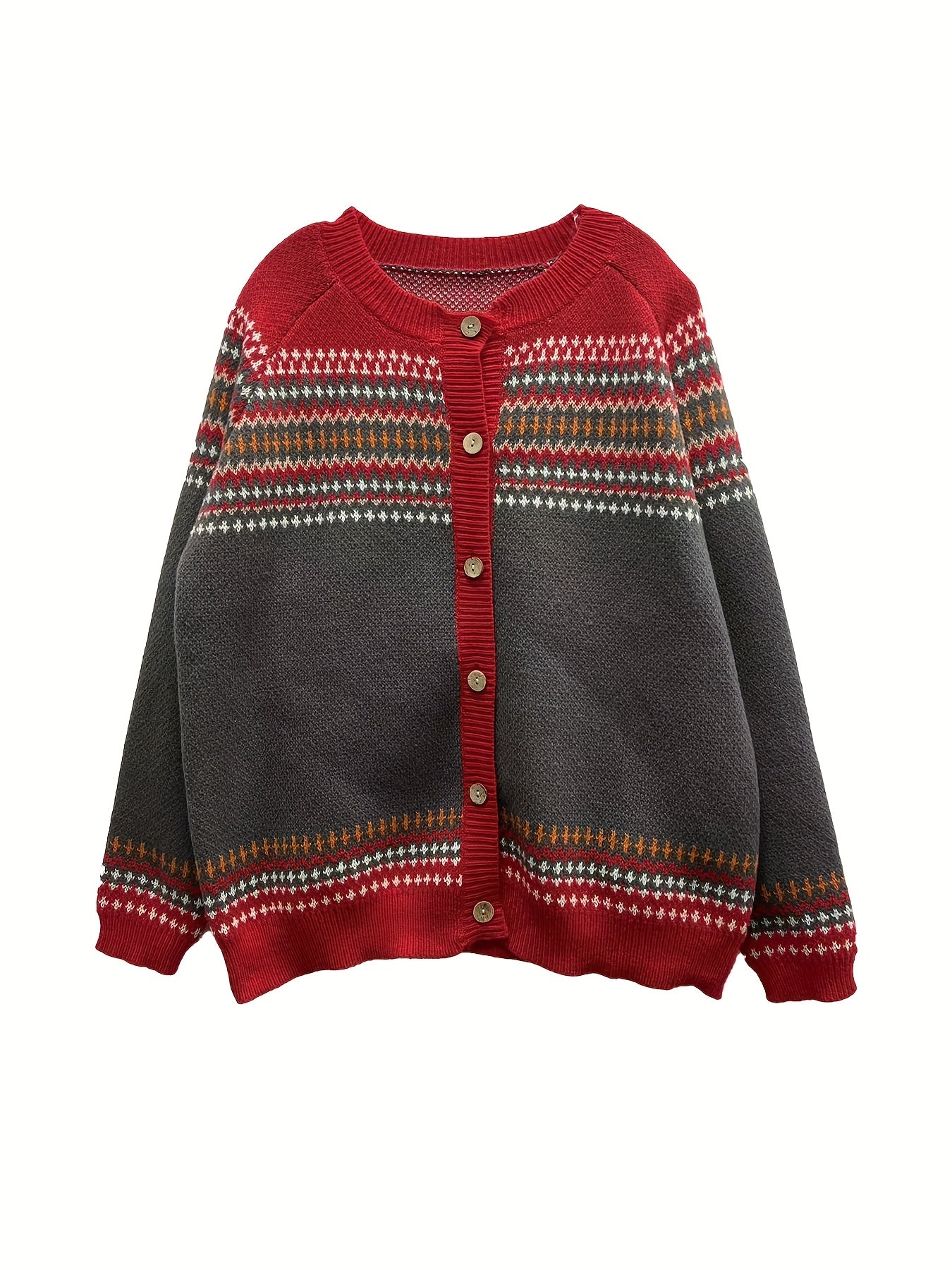 Two-tone red and gray cardigan with patterned trim on a white background