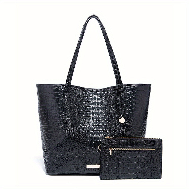 Crocodile Pattern Tote Bag Set with Clutch - 2-Piece Handbag for Women