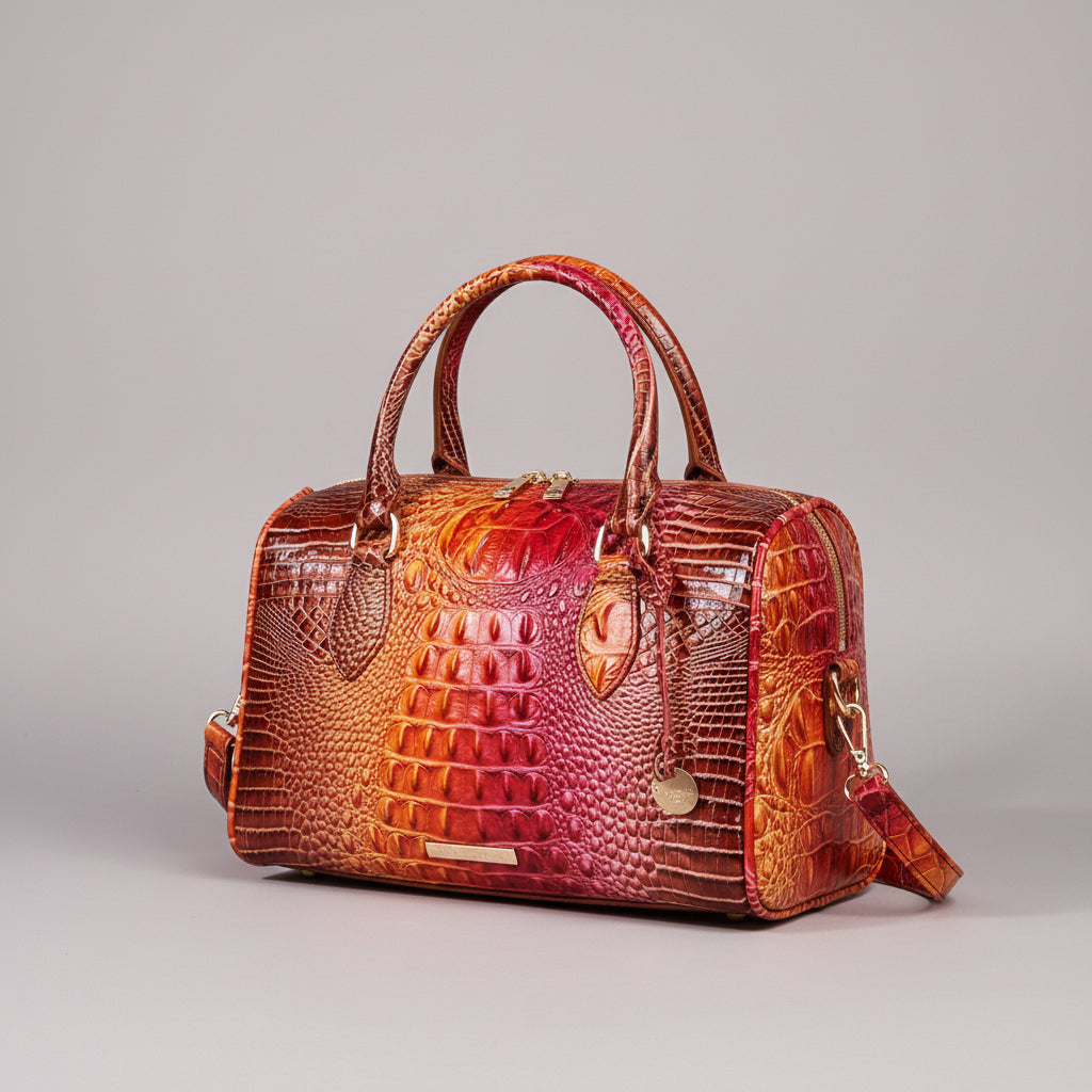Red and orange textured handbag on a dark background