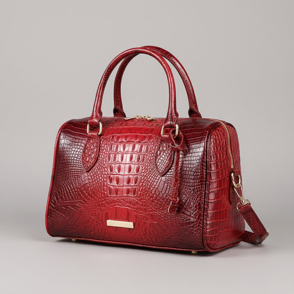 Red crocodile-patterned handbag on a dark background