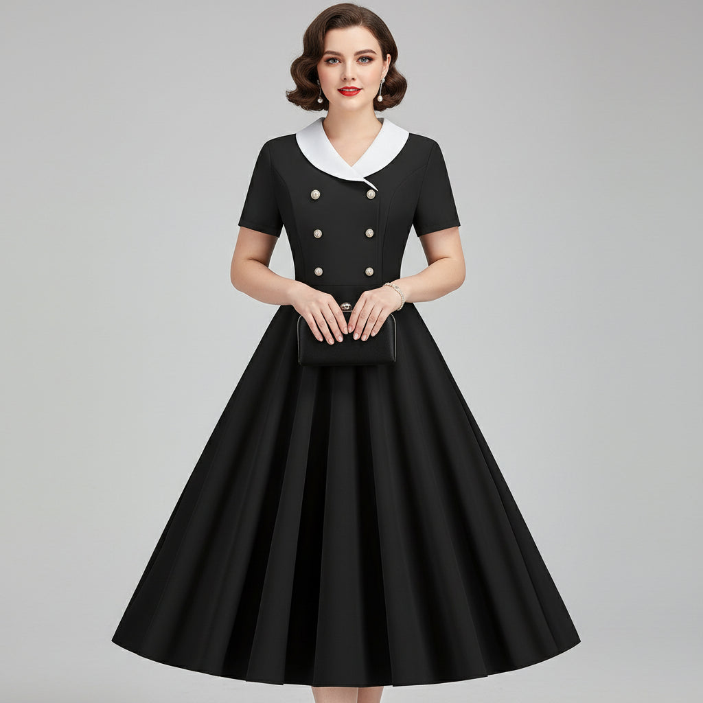 Black dress with white buttons on a white background