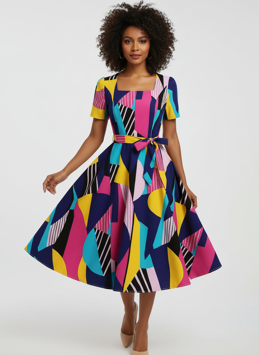 Colorful geometric patterned dress on a white background