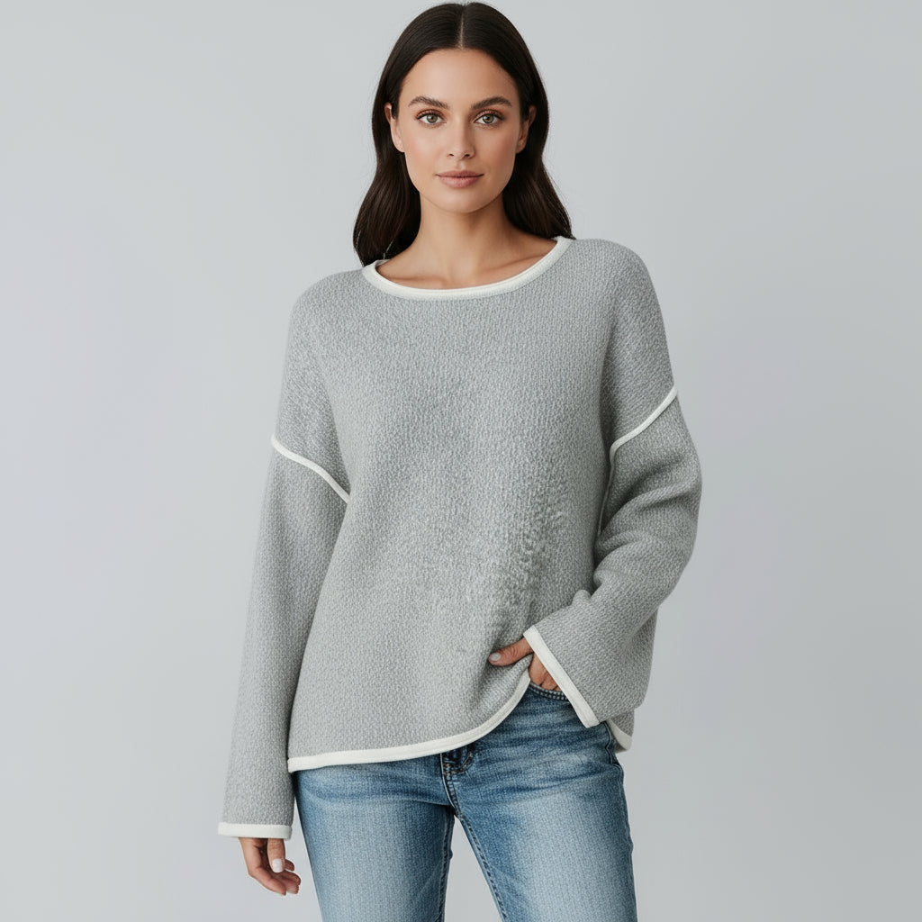 Color Block Sweater - Cozy Long Sleeve Pullover with Contrast Trim for Women